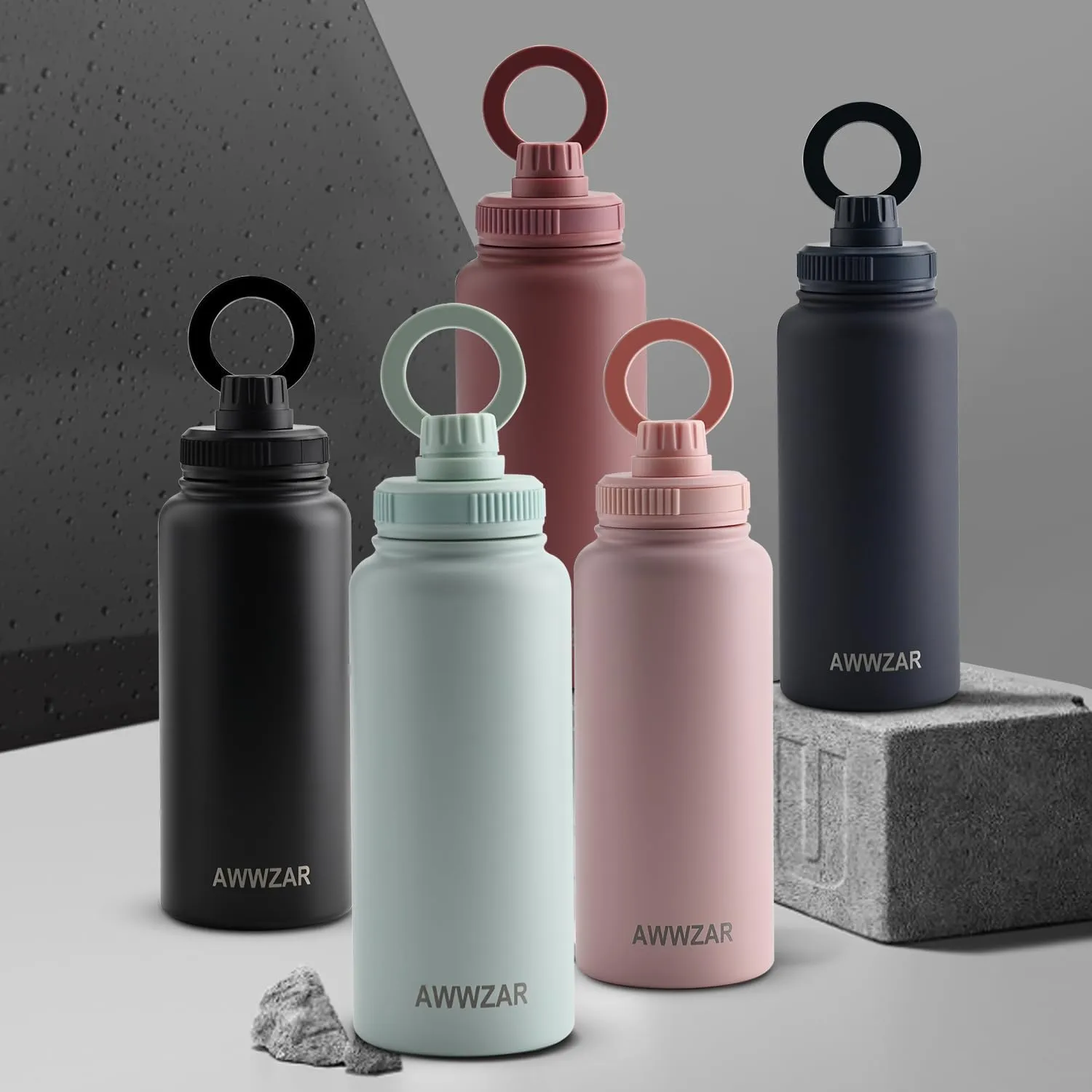 32 OZ Water Bottle With Magnetic Phone Holder, Stainless Steel Double Wall Sport or Gym Water Bottles (BLACK)