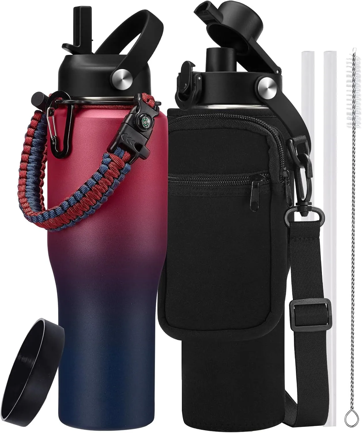 32/40 oz Insulated Water Bottle with straw Fit in any Car Cup Holder, Keep Cold 48H Hot 24H，Stainless Steel Water Bottle with Spout lid, Carrier Bag, Paracord Handle for Gym, Workout & Beach
