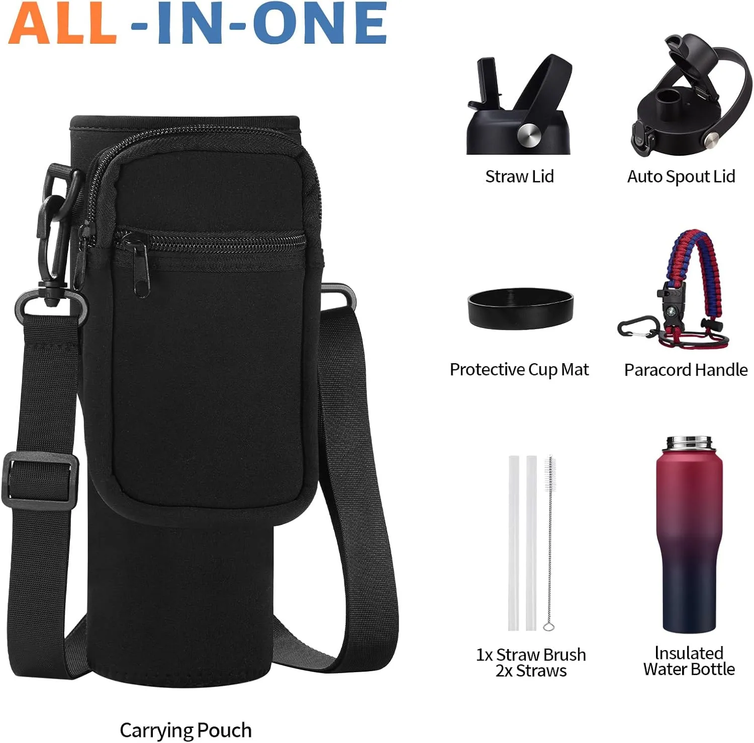 32/40 oz Insulated Water Bottle with straw Fit in any Car Cup Holder, Keep Cold 48H Hot 24H，Stainless Steel Water Bottle with Spout lid, Carrier Bag, Paracord Handle for Gym, Workout & Beach