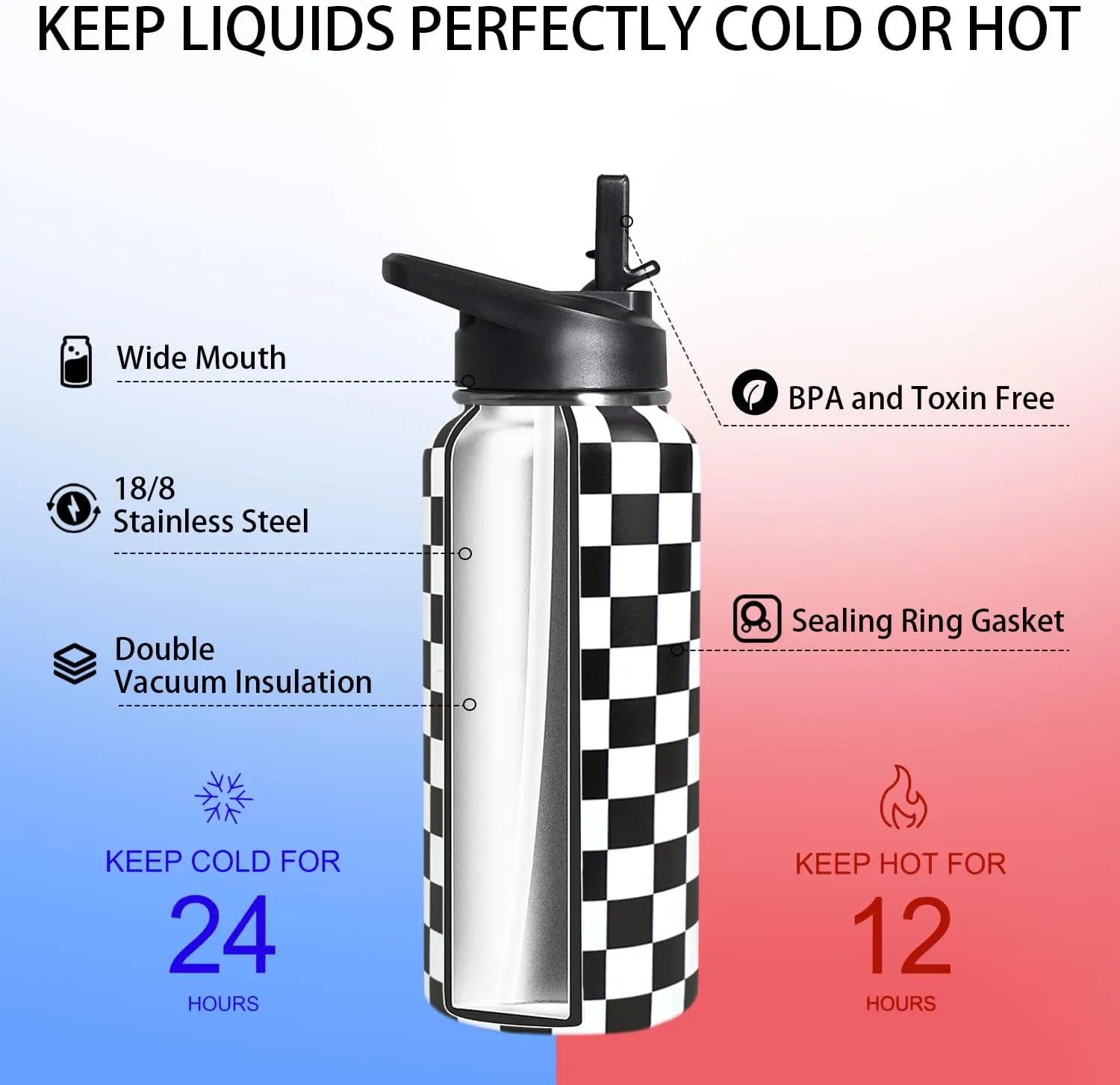 32oz Checkered Stainless Insulated Aater Water Bottle with Straw,Checkered Gym Hiking Sports Coffee Mug Cup Water Bottles,Checkered Gifts for Women,Checkered Decor Stuff Accessories