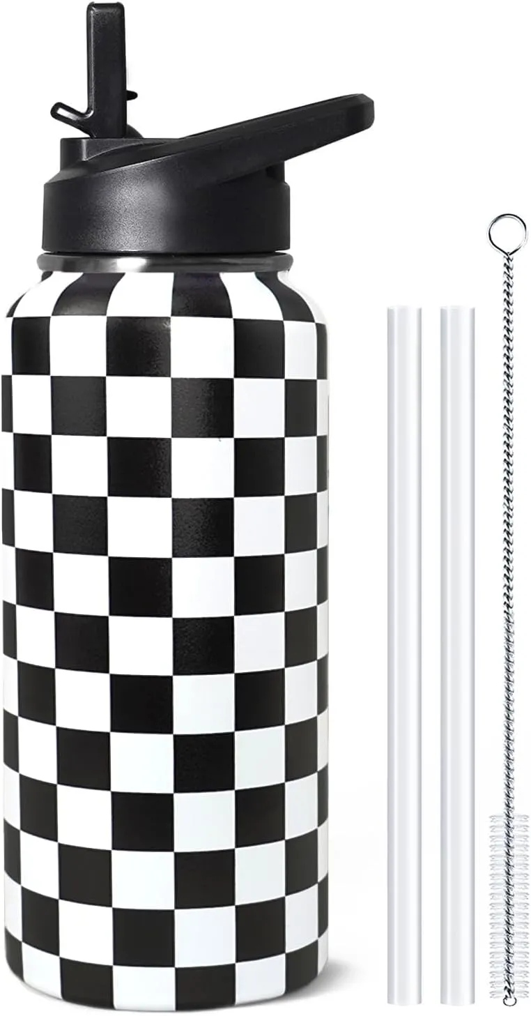 32oz Checkered Stainless Insulated Aater Water Bottle with Straw,Checkered Gym Hiking Sports Coffee Mug Cup Water Bottles,Checkered Gifts for Women,Checkered Decor Stuff Accessories