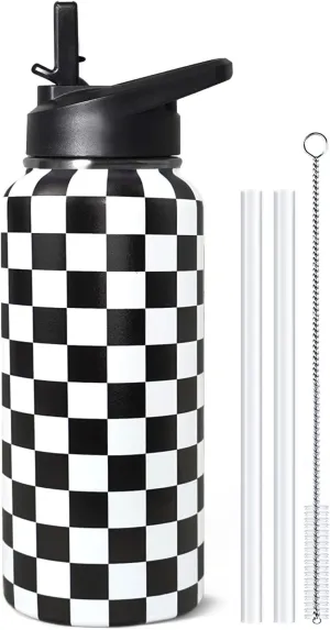 32oz Checkered Stainless Insulated Aater Water Bottle with Straw,Checkered Gym Hiking Sports Coffee Mug Cup Water Bottles,Checkered Gifts for Women,Checkered Decor Stuff Accessories