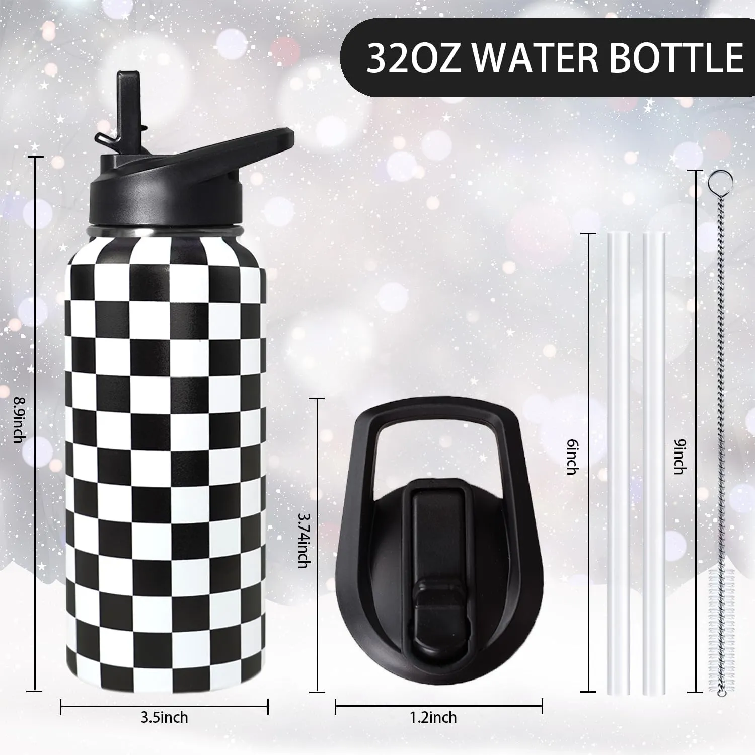 32oz Checkered Stainless Insulated Aater Water Bottle with Straw,Checkered Gym Hiking Sports Coffee Mug Cup Water Bottles,Checkered Gifts for Women,Checkered Decor Stuff Accessories