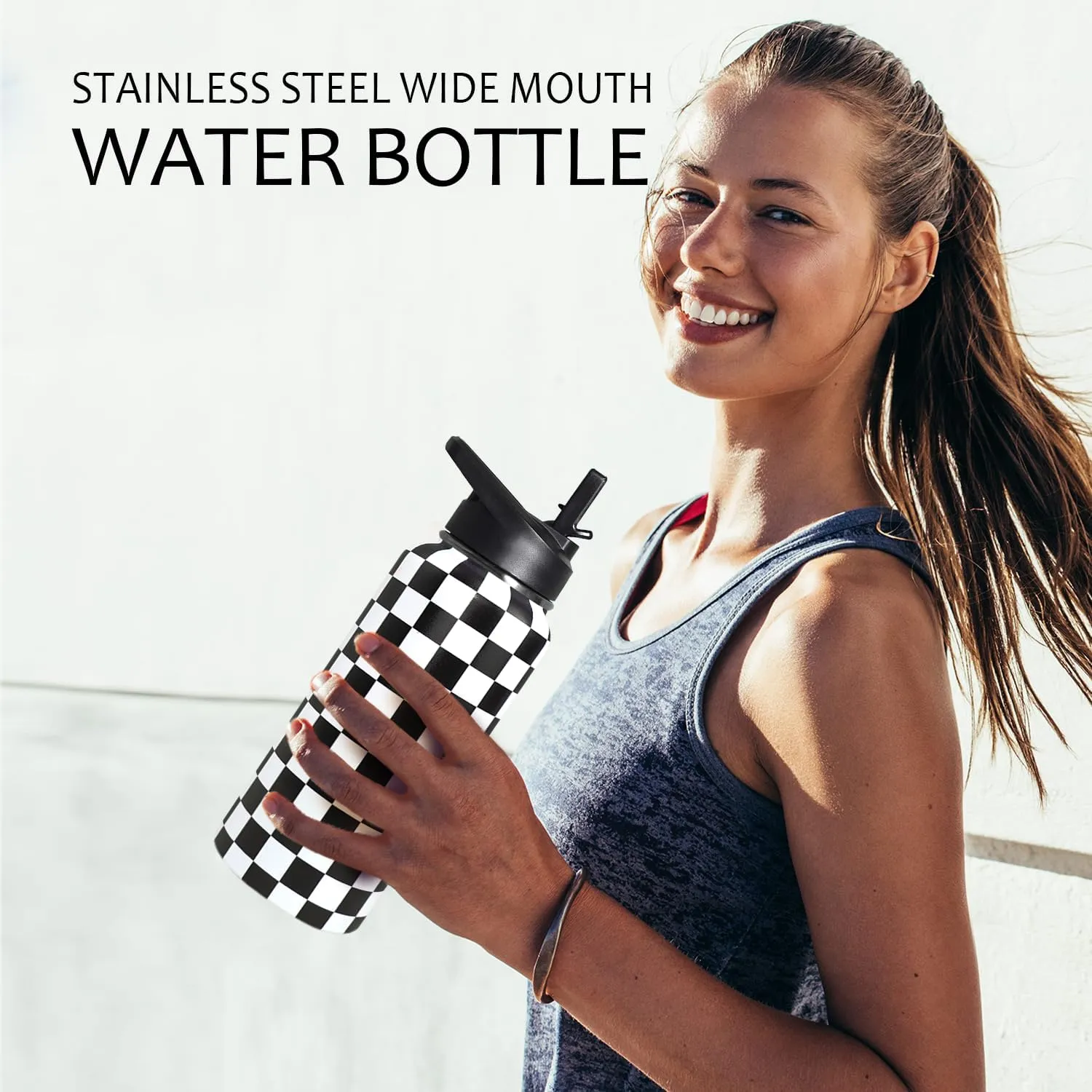 32oz Checkered Stainless Insulated Aater Water Bottle with Straw,Checkered Gym Hiking Sports Coffee Mug Cup Water Bottles,Checkered Gifts for Women,Checkered Decor Stuff Accessories