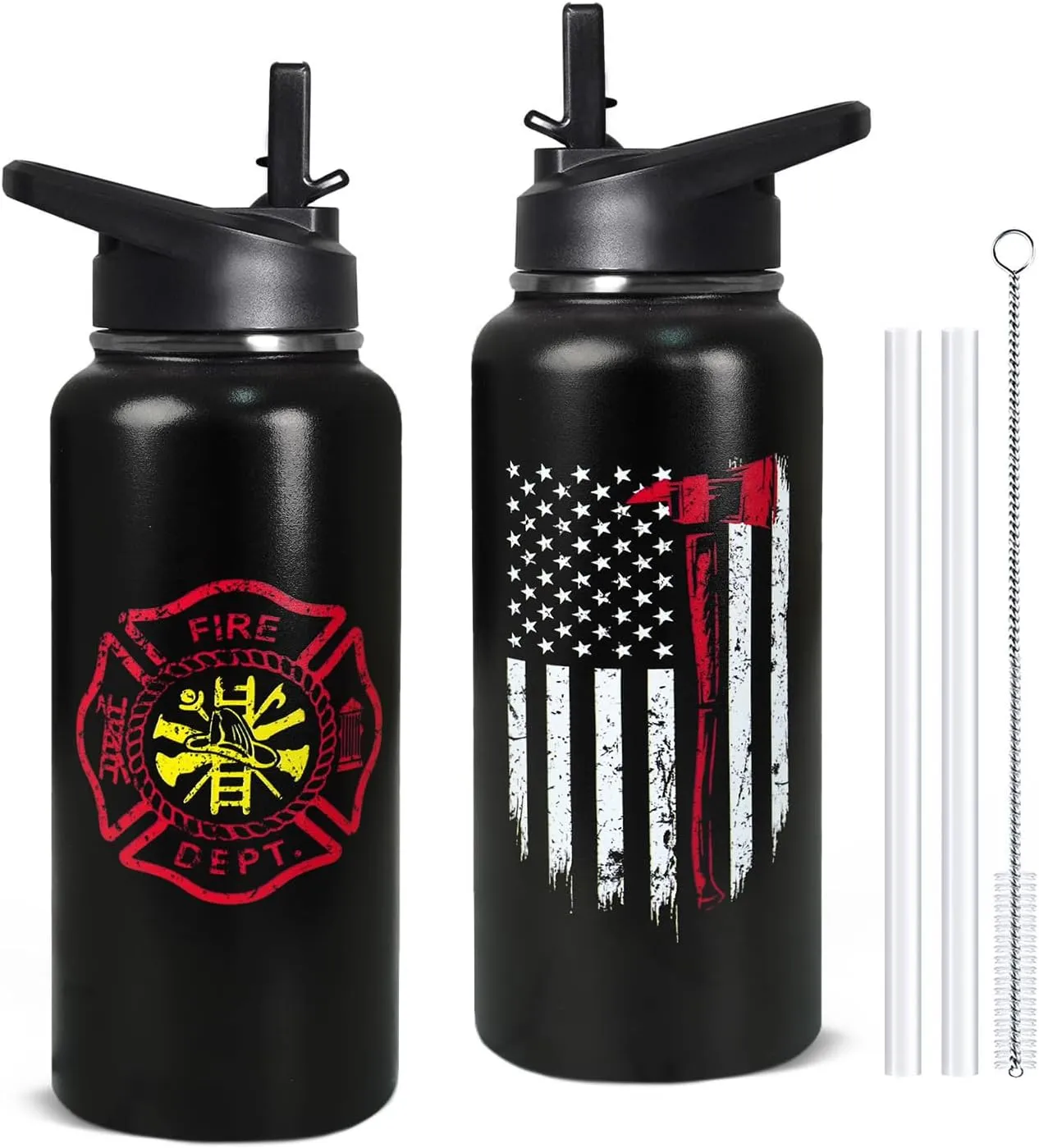 32oz Firefighter Stainless Insulated Aater Water Bottle with Straw,Firefighter Gym Hiking Sports Coffee Mug Cup Water Bottles,Firefighter Decor Stuff Accessories