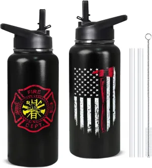 32oz Firefighter Stainless Insulated Aater Water Bottle with Straw,Firefighter Gym Hiking Sports Coffee Mug Cup Water Bottles,Firefighter Decor Stuff Accessories