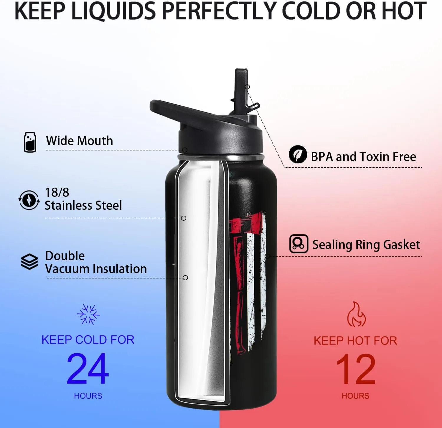 32oz Firefighter Stainless Insulated Aater Water Bottle with Straw,Firefighter Gym Hiking Sports Coffee Mug Cup Water Bottles,Firefighter Decor Stuff Accessories