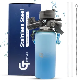 32oz Stainless Steel Vacuum Insulated Wide Mouth Water Bottle with 3 Lids and Paracord Handle for Hot & Cold Beverage (Light Blue/Blue, 32oz)