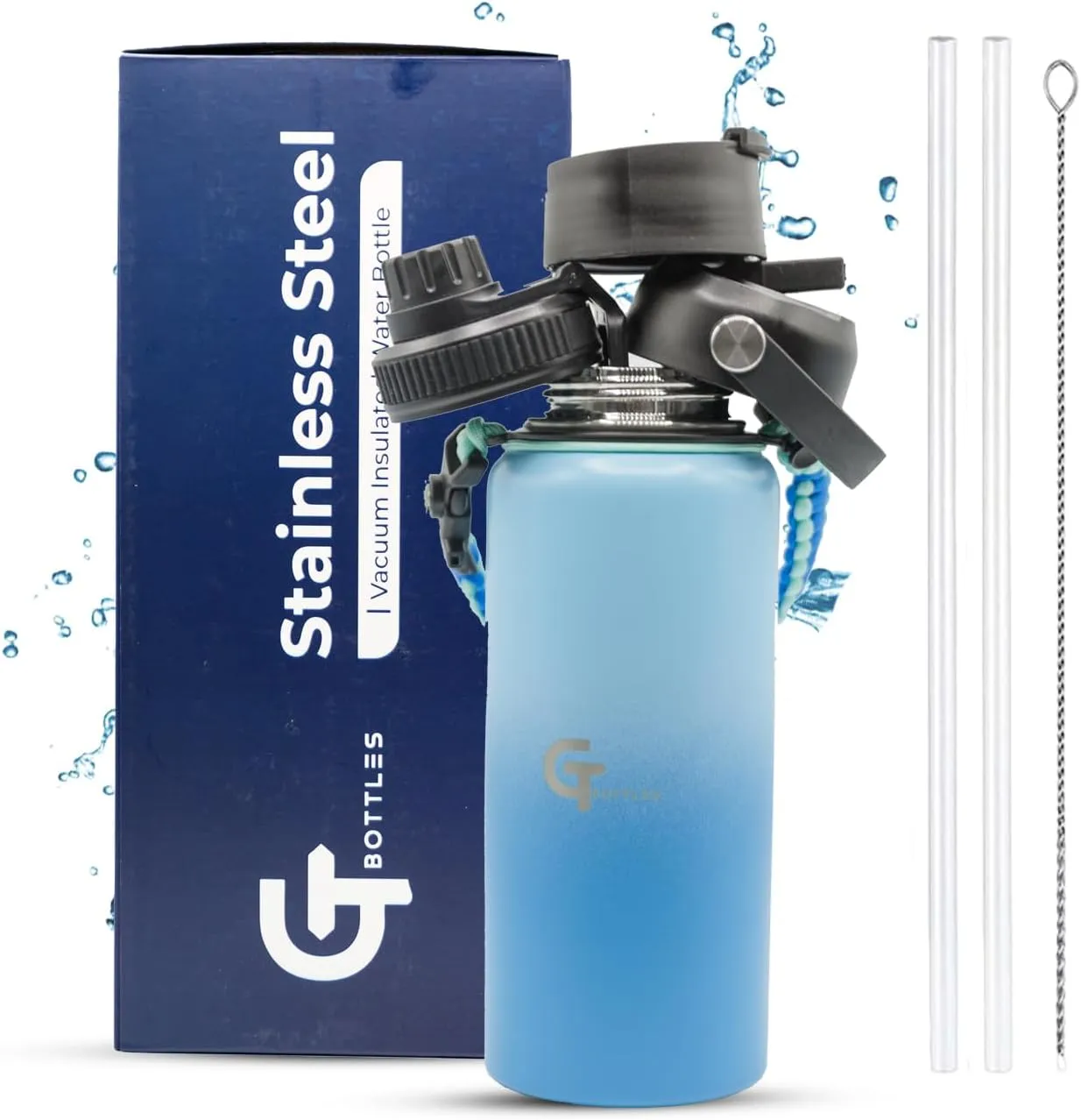 32oz Stainless Steel Vacuum Insulated Wide Mouth Water Bottle with 3 Lids and Paracord Handle for Hot & Cold Beverage (Light Blue/Blue, 32oz)