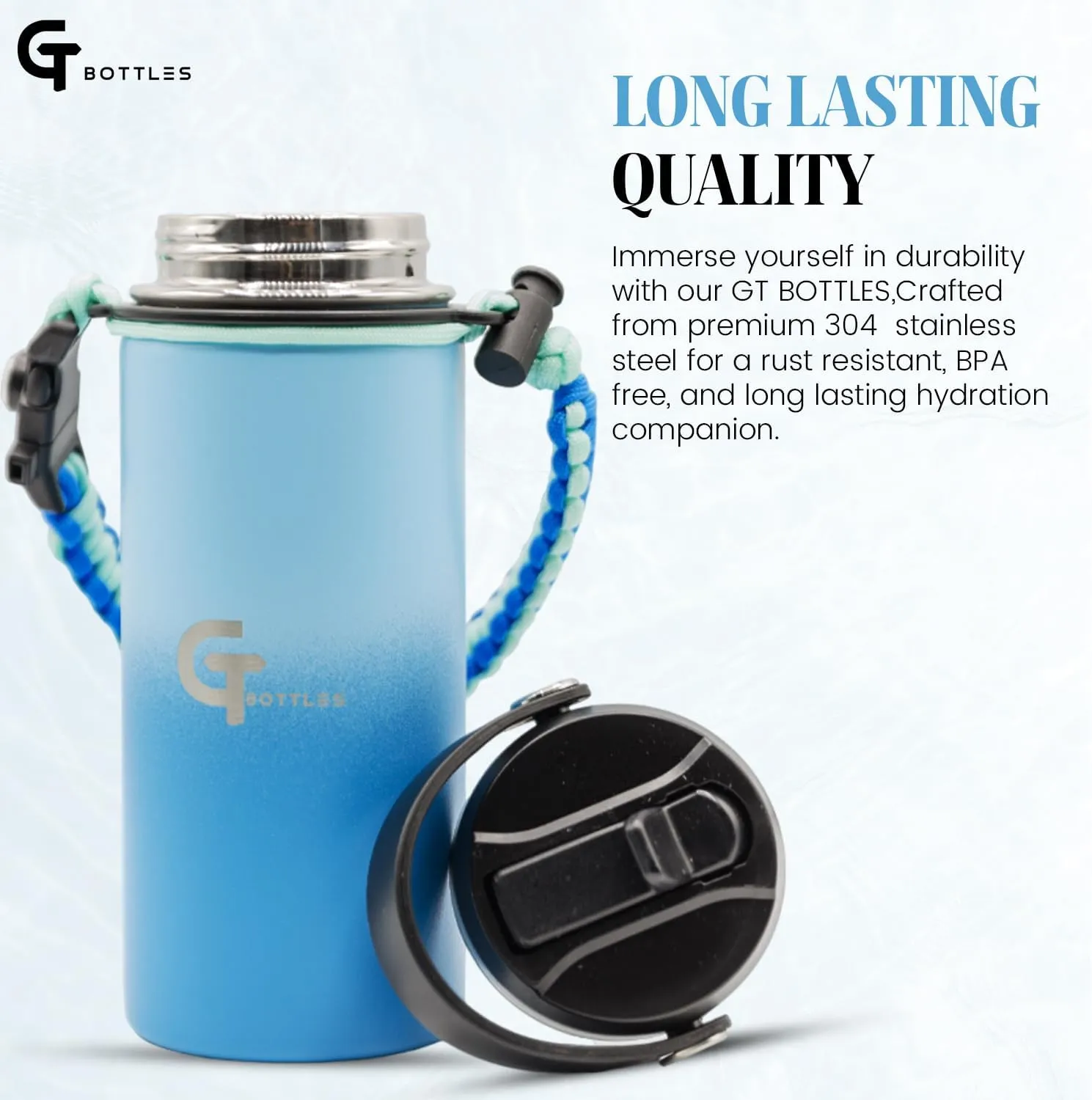 32oz Stainless Steel Vacuum Insulated Wide Mouth Water Bottle with 3 Lids and Paracord Handle for Hot & Cold Beverage (Light Blue/Blue, 32oz)