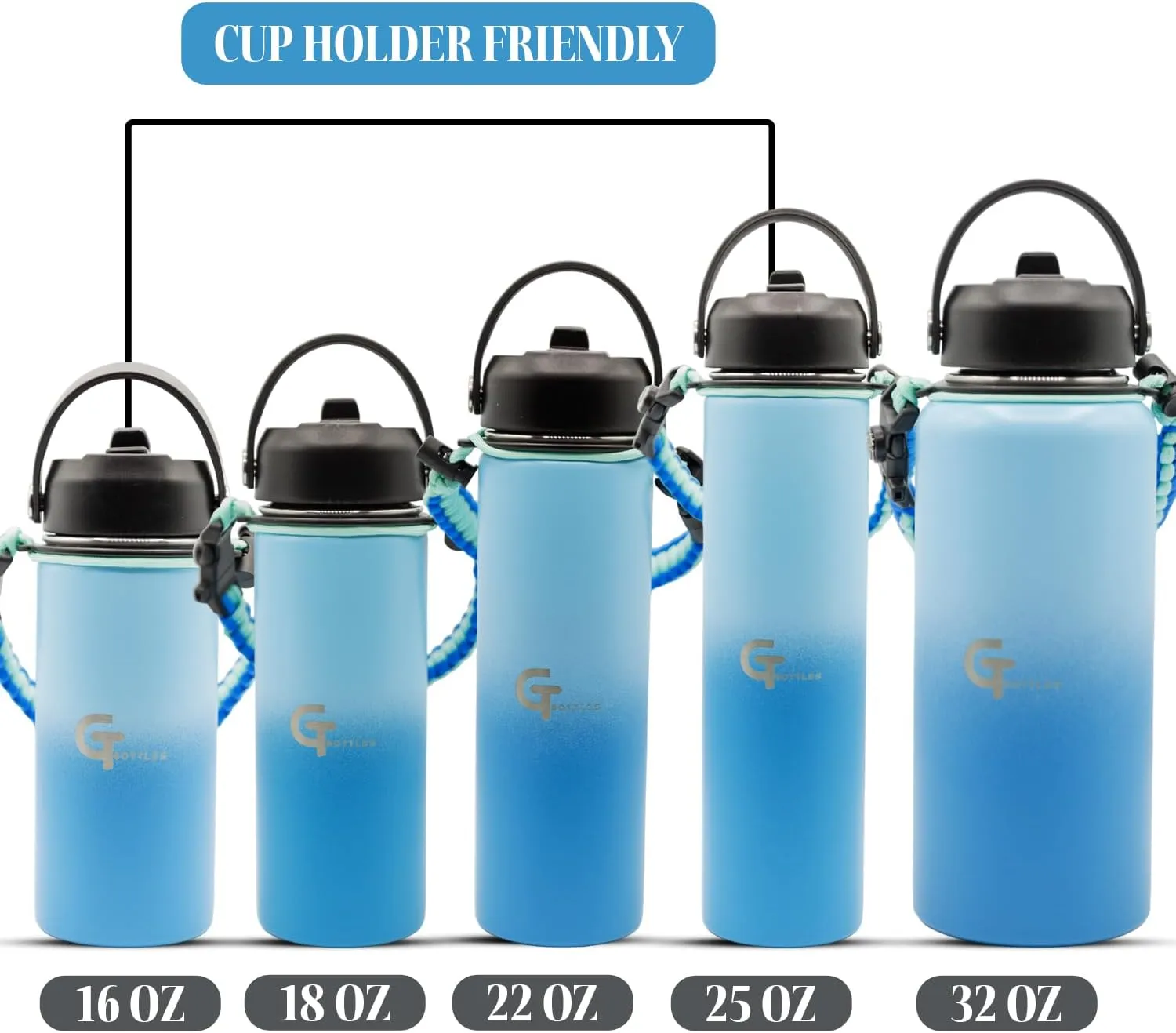 32oz Stainless Steel Vacuum Insulated Wide Mouth Water Bottle with 3 Lids and Paracord Handle for Hot & Cold Beverage (Light Blue/Blue, 32oz)
