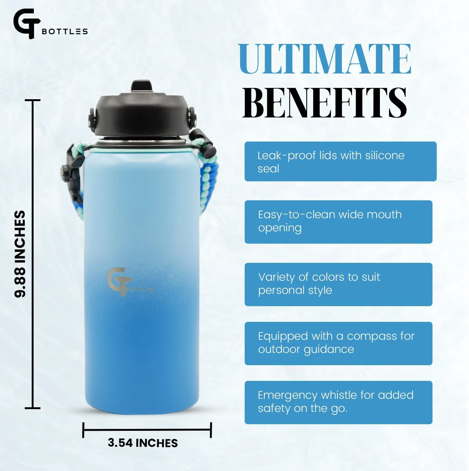 32oz Stainless Steel Vacuum Insulated Wide Mouth Water Bottle with 3 Lids and Paracord Handle for Hot & Cold Beverage (Light Blue/Blue, 32oz)