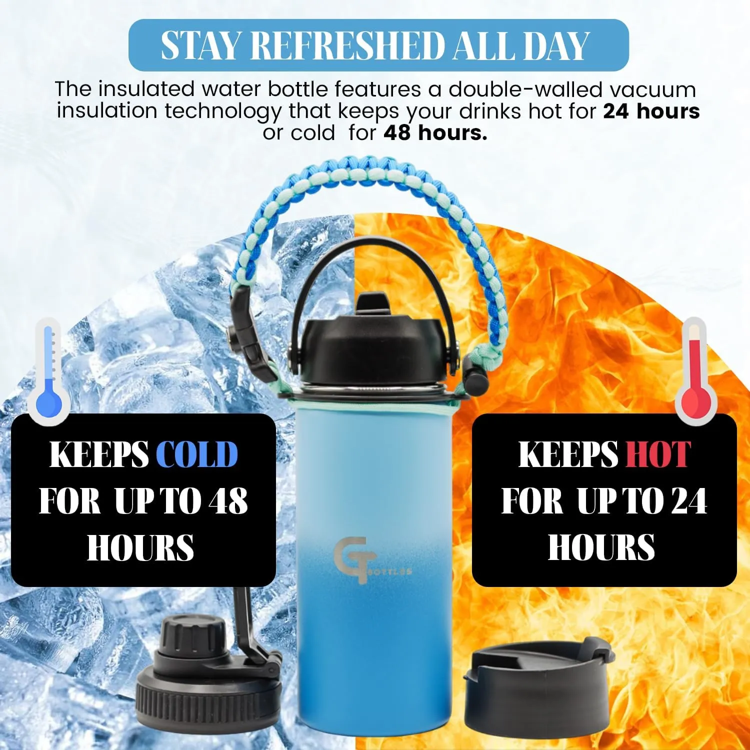 32oz Stainless Steel Vacuum Insulated Wide Mouth Water Bottle with 3 Lids and Paracord Handle for Hot & Cold Beverage (Light Blue/Blue, 32oz)