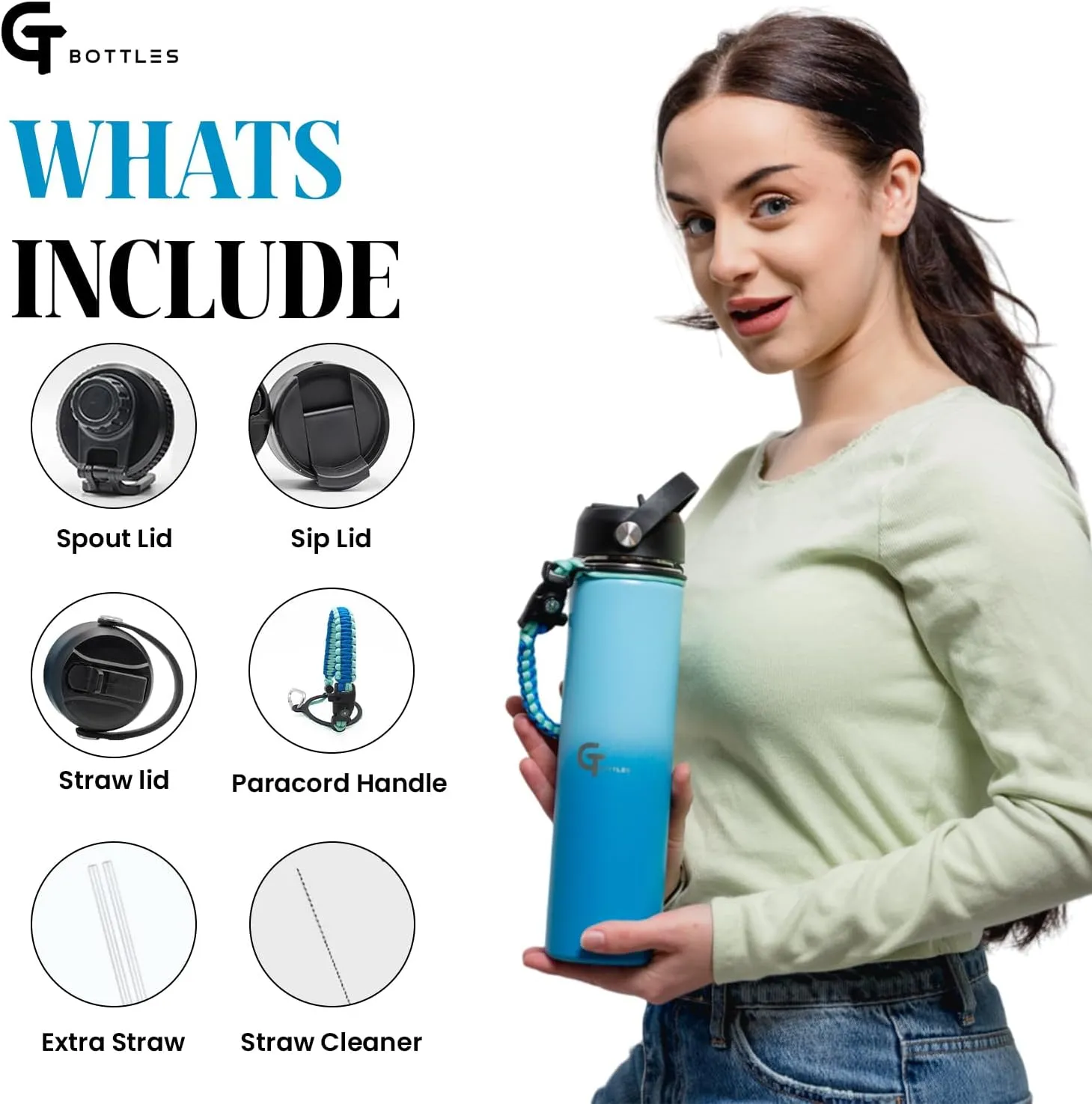 32oz Stainless Steel Vacuum Insulated Wide Mouth Water Bottle with 3 Lids and Paracord Handle for Hot & Cold Beverage (Light Blue/Blue, 32oz)