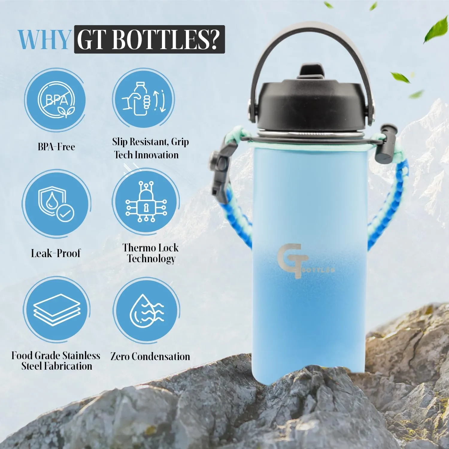 32oz Stainless Steel Vacuum Insulated Wide Mouth Water Bottle with 3 Lids and Paracord Handle for Hot & Cold Beverage (Light Blue/Blue, 32oz)