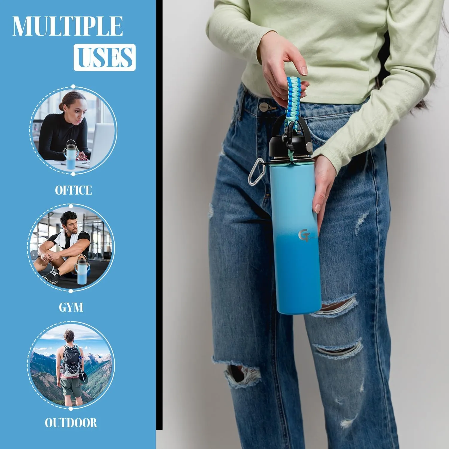 32oz Stainless Steel Vacuum Insulated Wide Mouth Water Bottle with 3 Lids and Paracord Handle for Hot & Cold Beverage (Light Blue/Blue, 32oz)