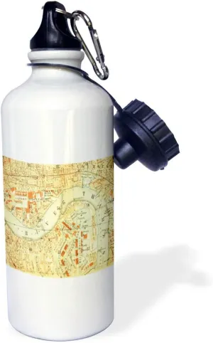 3dRose "Old Map Of The River Thames n London" Sports Water Bottle, 21 oz, White