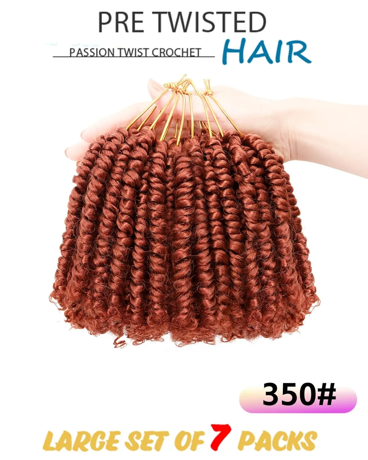 4 Inch 7 Packs Super Short Passion Twist Crochet Hair for Black Women and Kids-Pure Ginger Pre Looped Pretwisted Soft Hair Extensions,Braided by Synthetic Spring Kinky Twist Bohemian Curl(4"-7P,350#)