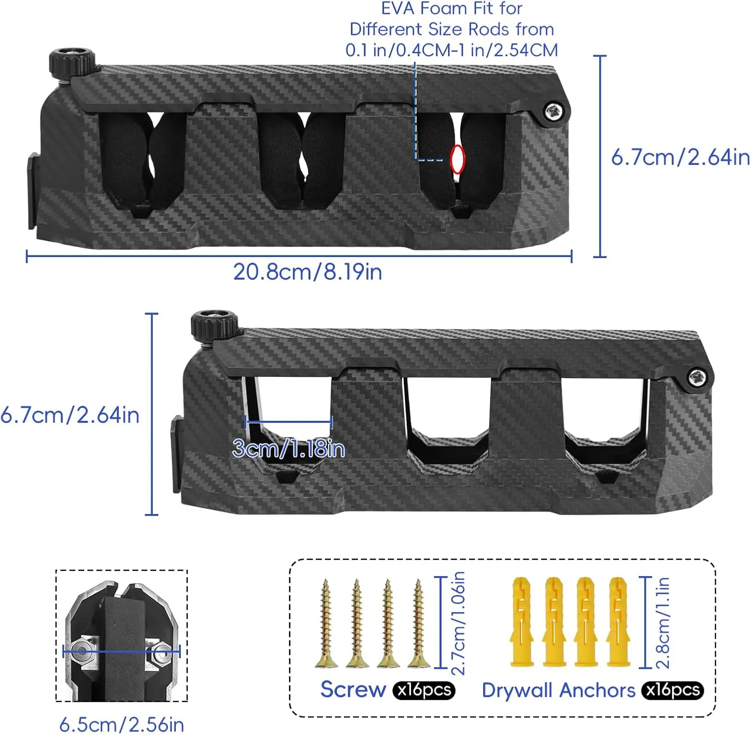 4-Pack Adjustable Fishing Rod Wall Mount |Heavy-Duty ABS & EVA Foam Rack with Screws/Anchors | Vertical/Horizontal Storage for Garage, Boat, Ceiling