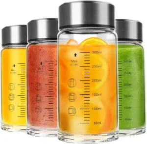 4 Pack Glass Juice Bottles Wide Mouth Shaker Bottles for Protein Mixes with Stainless Steel Lids Reusable 12 Oz Juice Containers for Juicing, Smoothies, Milk, Leak Proof BPA Free Borosilicate Glass