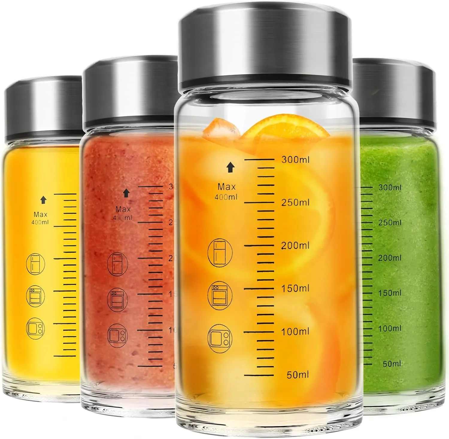 4 Pack Glass Juice Bottles Wide Mouth Shaker Bottles for Protein Mixes with Stainless Steel Lids Reusable 12 Oz Juice Containers for Juicing, Smoothies, Milk, Leak Proof BPA Free Borosilicate Glass