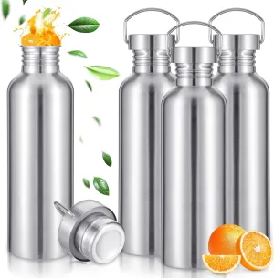 4 Pack Uninsulated Single Walled Stainless Steel Sports Water Bottle 304 18/8 Stainless Steel Camping Water Bottle for Cyclists, Runners, Hikers (35 oz), silver