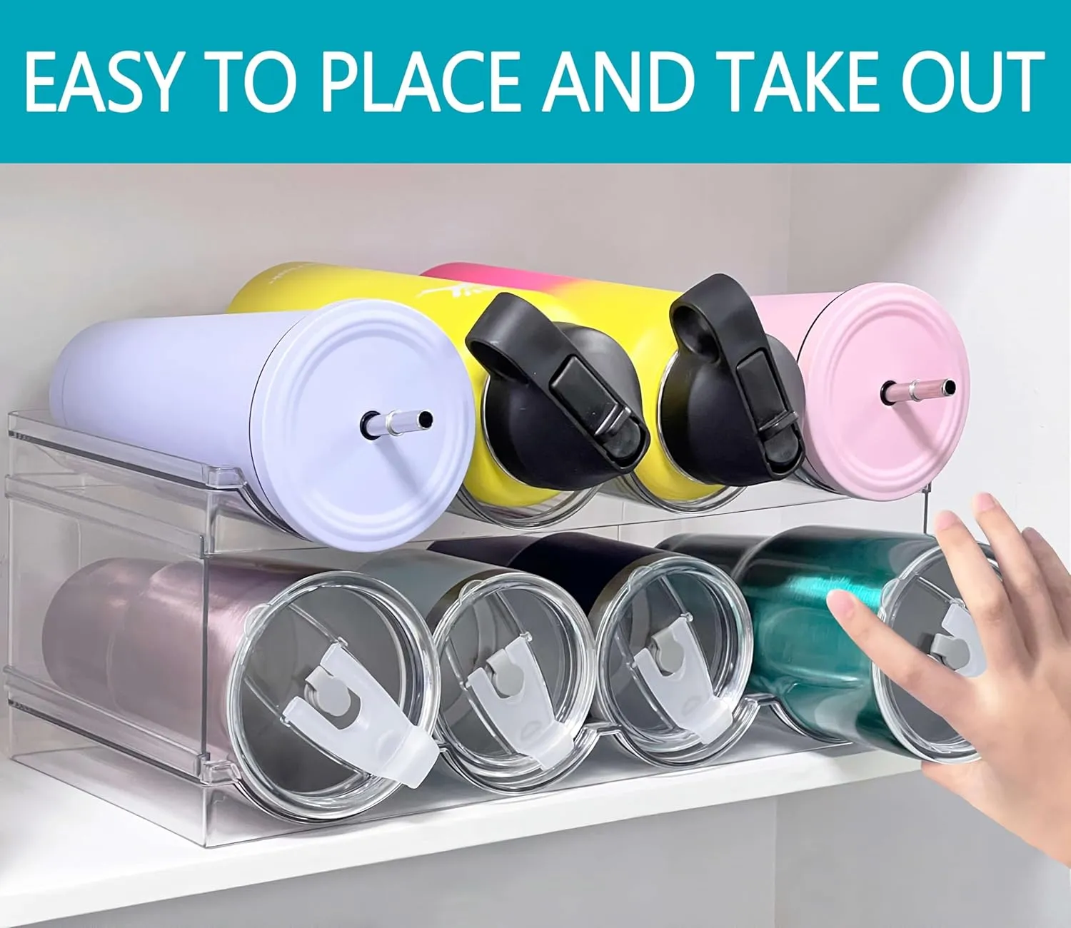 4 Pack Water Bottle Organizer, Large Compartment Stackable Kitchen Pantry Organization and Storage Rack, Plastic Water Bottle Holder for Kitchen Cabinet Organizer and Storage, Tumbler Mug Cup Shelf