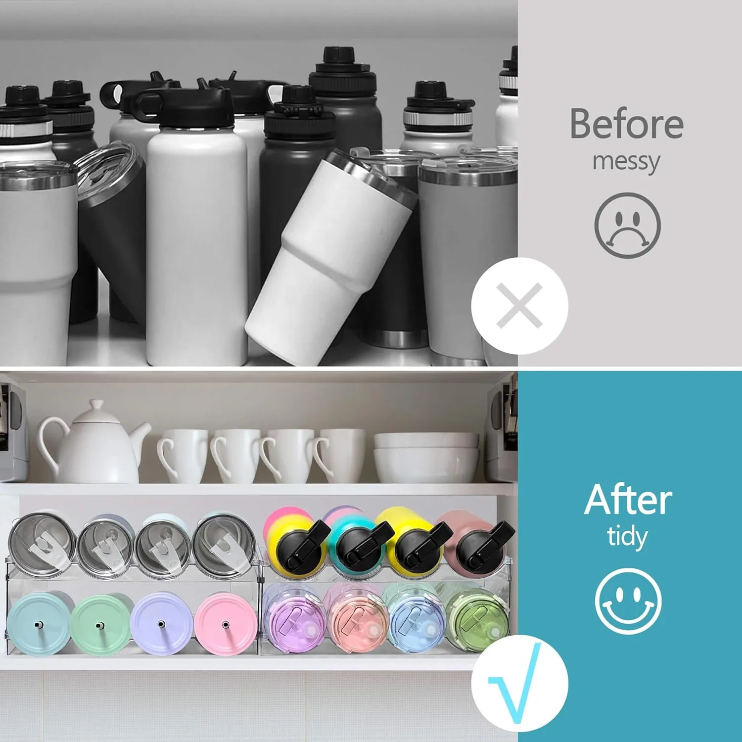 4 Pack Water Bottle Organizer, Large Compartment Stackable Kitchen Pantry Organization and Storage Rack, Plastic Water Bottle Holder for Kitchen Cabinet Organizer and Storage, Tumbler Mug Cup Shelf