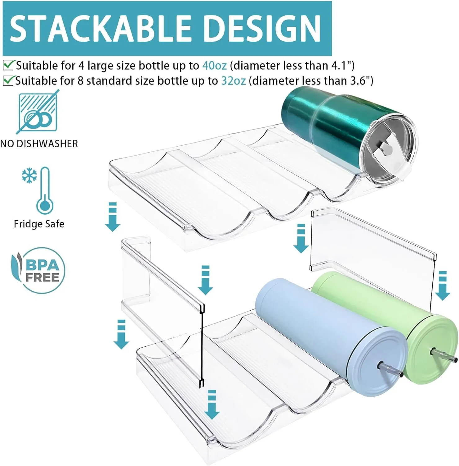 4 Pack Water Bottle Organizer, Large Compartment Stackable Kitchen Pantry Organization and Storage Rack, Plastic Water Bottle Holder for Kitchen Cabinet Organizer and Storage, Tumbler Mug Cup Shelf