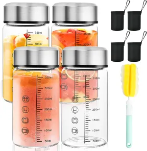 4 Set Glass Juice Bottles,12 Oz Wide Mouth Glass Shaker Bottle with Stainless Steel Lids and Scale,Reusable Empty Drink Containers with Sleeve Brush for Milk Tea,Smoothies,Beverage