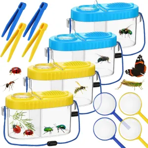 4 Sets Bug Collection Kit for Kids, Explorer Outdoor Kit with Bug Containers for Insects, Magnifying Glass, Tweezers, Nature Exploration Gift Toy for Girls Boys(2 Colors)