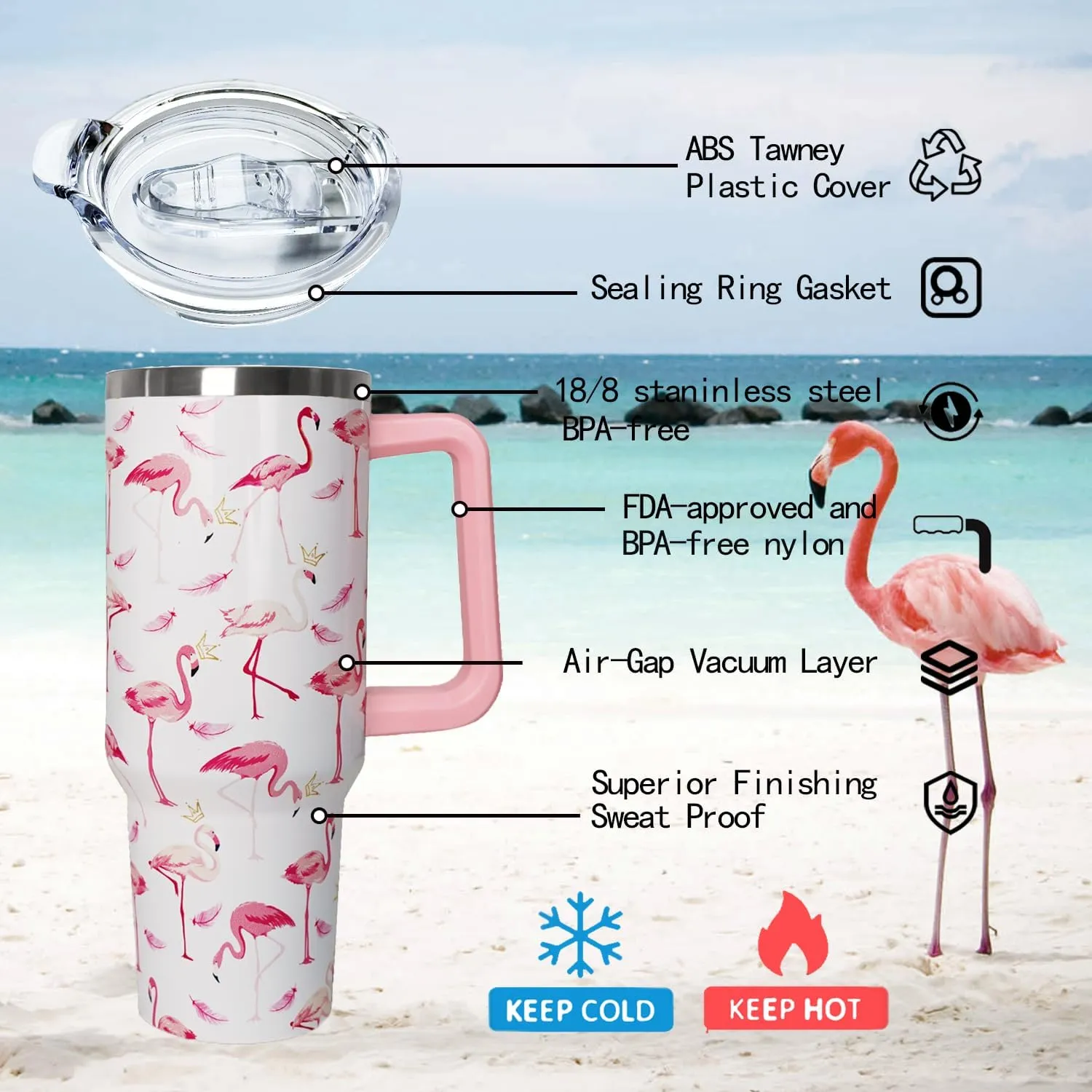 40 oz Pink Flamingo Tumbler with Handle, Lid and Straw - Flamingo Gift for Women - Coffee Mug, Water Bottle