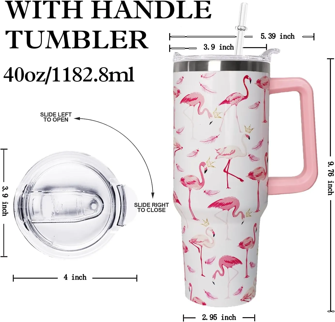 40 oz Pink Flamingo Tumbler with Handle, Lid and Straw - Flamingo Gift for Women - Coffee Mug, Water Bottle
