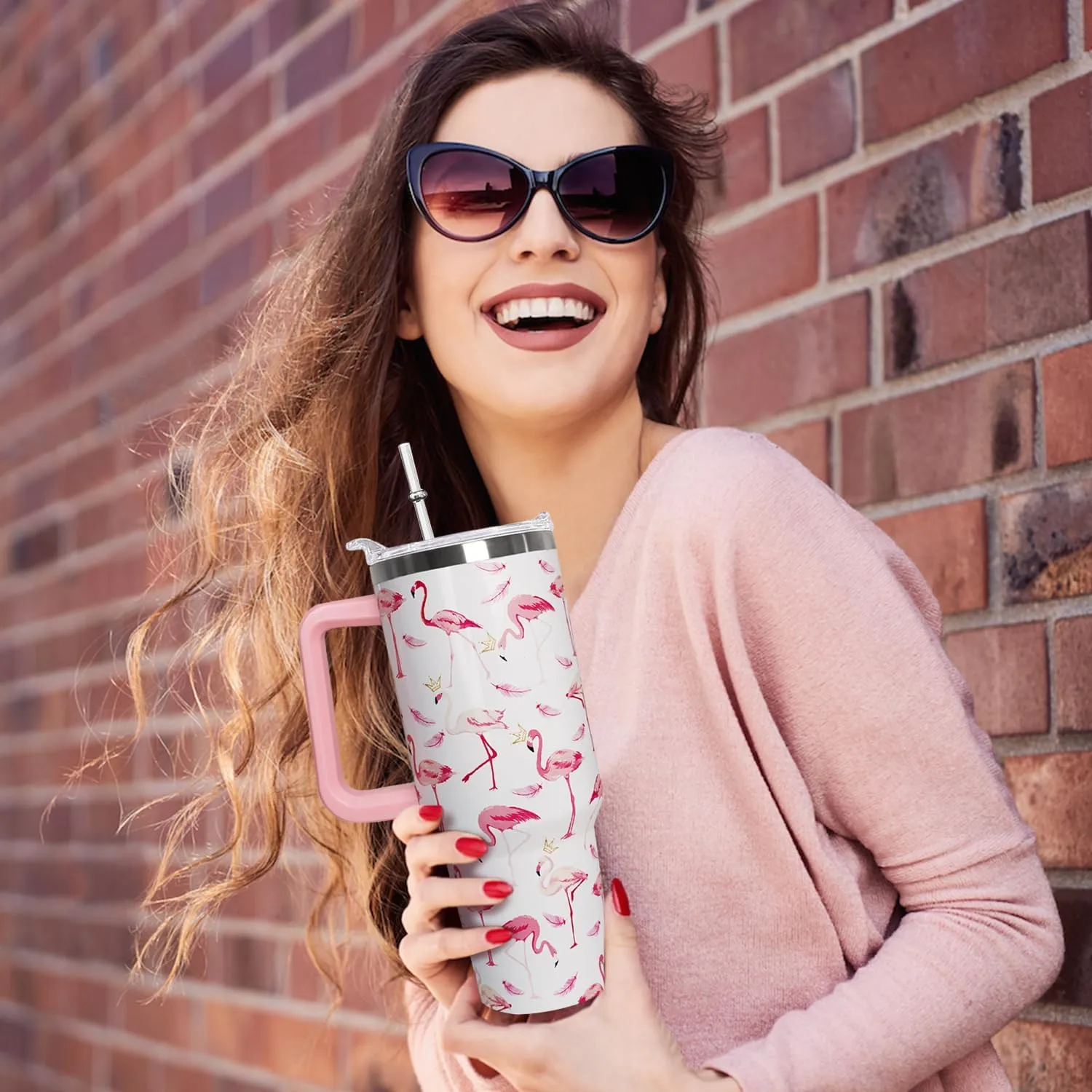 40 oz Pink Flamingo Tumbler with Handle, Lid and Straw - Flamingo Gift for Women - Coffee Mug, Water Bottle