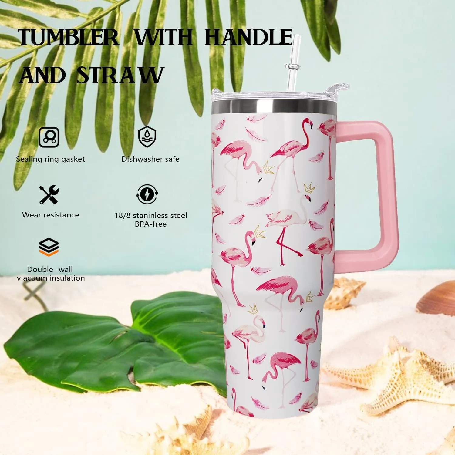 40 oz Pink Flamingo Tumbler with Handle, Lid and Straw - Flamingo Gift for Women - Coffee Mug, Water Bottle