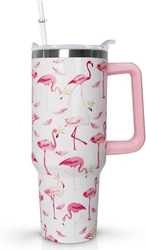 40 oz Pink Flamingo Tumbler with Handle, Lid and Straw - Flamingo Gift for Women - Coffee Mug, Water Bottle