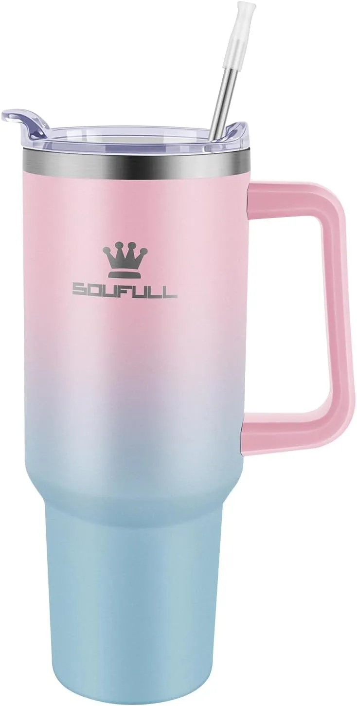 40 oz Tumbler with Handle and Straw Lid, 100% Leak-proof Travel Coffee Mug, Stainless Steel Insulated Cup For Beverages, Keeps Cold for 34Hrs or Hot for 10Hrs, Dishwasher Safe (PinkBlue)