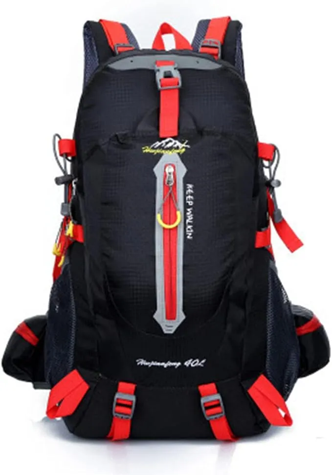 40L Waterproof Climbing Rucksack Travel Hiking Backpack Laptop Daypack Trekking Backpack Outdoor Men Women Sport Bag-Black Red
