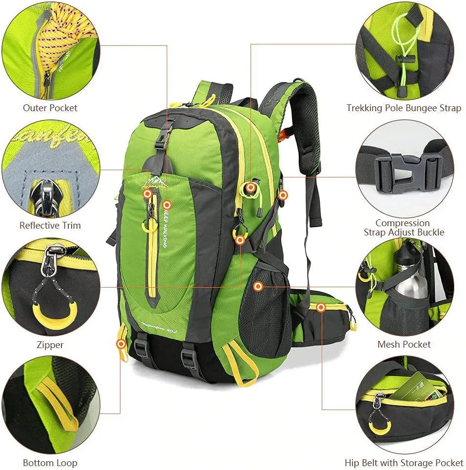 40L Waterproof Climbing Rucksack Travel Hiking Backpack Laptop Daypack Trekking Backpack Outdoor Men Women Sport Bag-Black Red