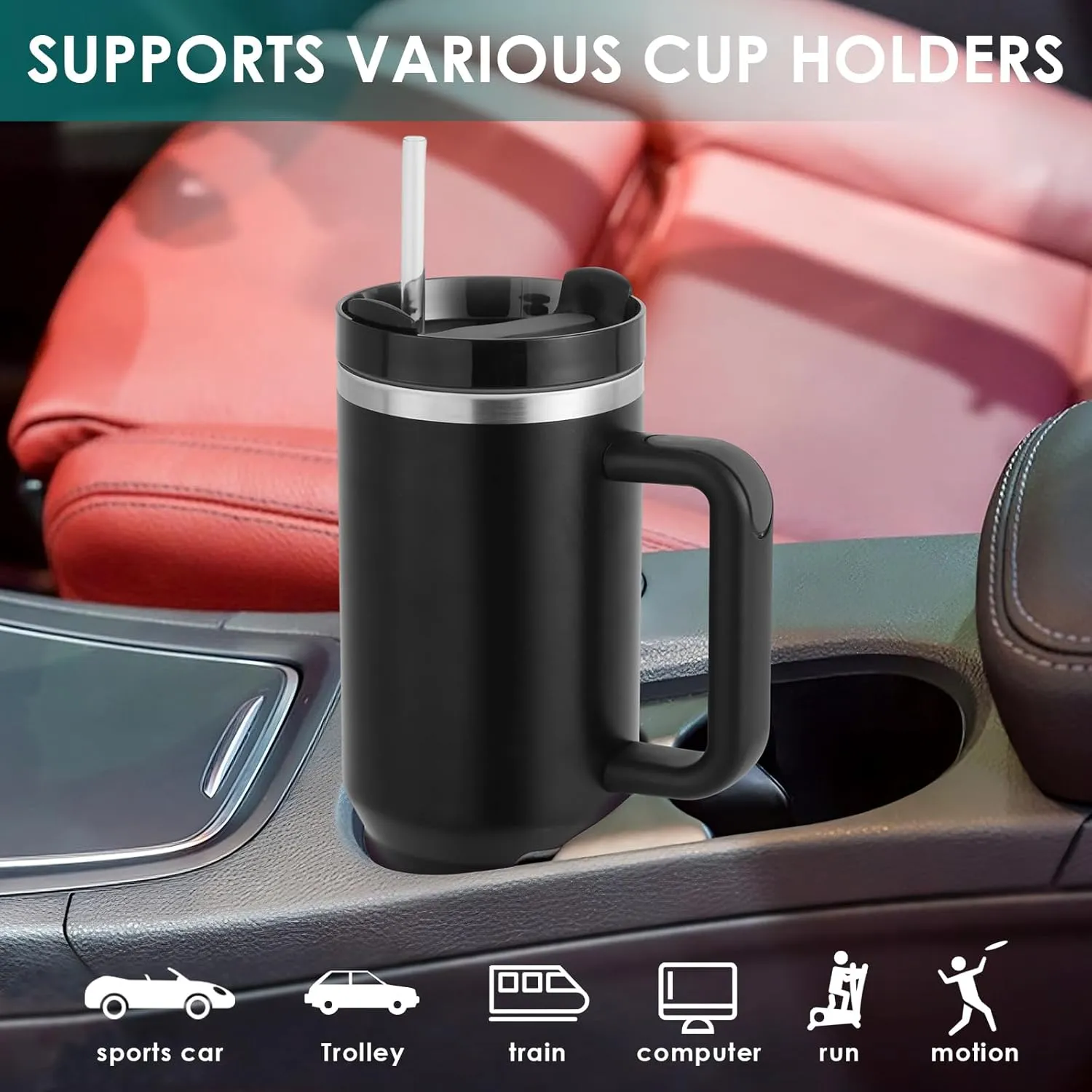 40oz Tumbler with Handle Straw Lid, Stainless Steel Vacuum Insulated Reusable Travel Mug Keep Drinks Cold Ice Gym Cup, Gifts for Women Men Lovers, Car Holder Friendly, Black