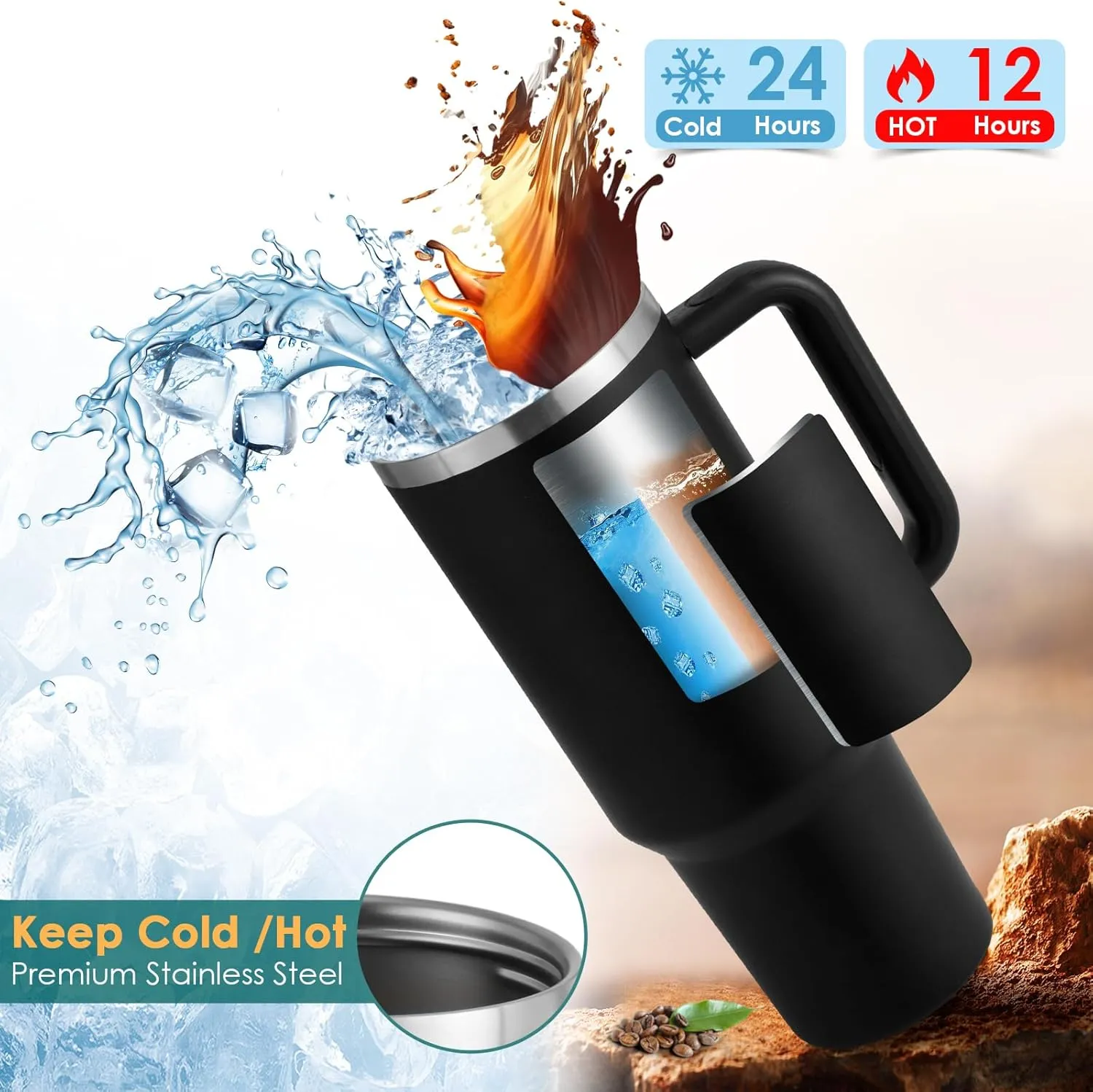 40oz Tumbler with Handle Straw Lid, Stainless Steel Vacuum Insulated Reusable Travel Mug Keep Drinks Cold Ice Gym Cup, Gifts for Women Men Lovers, Car Holder Friendly, Black