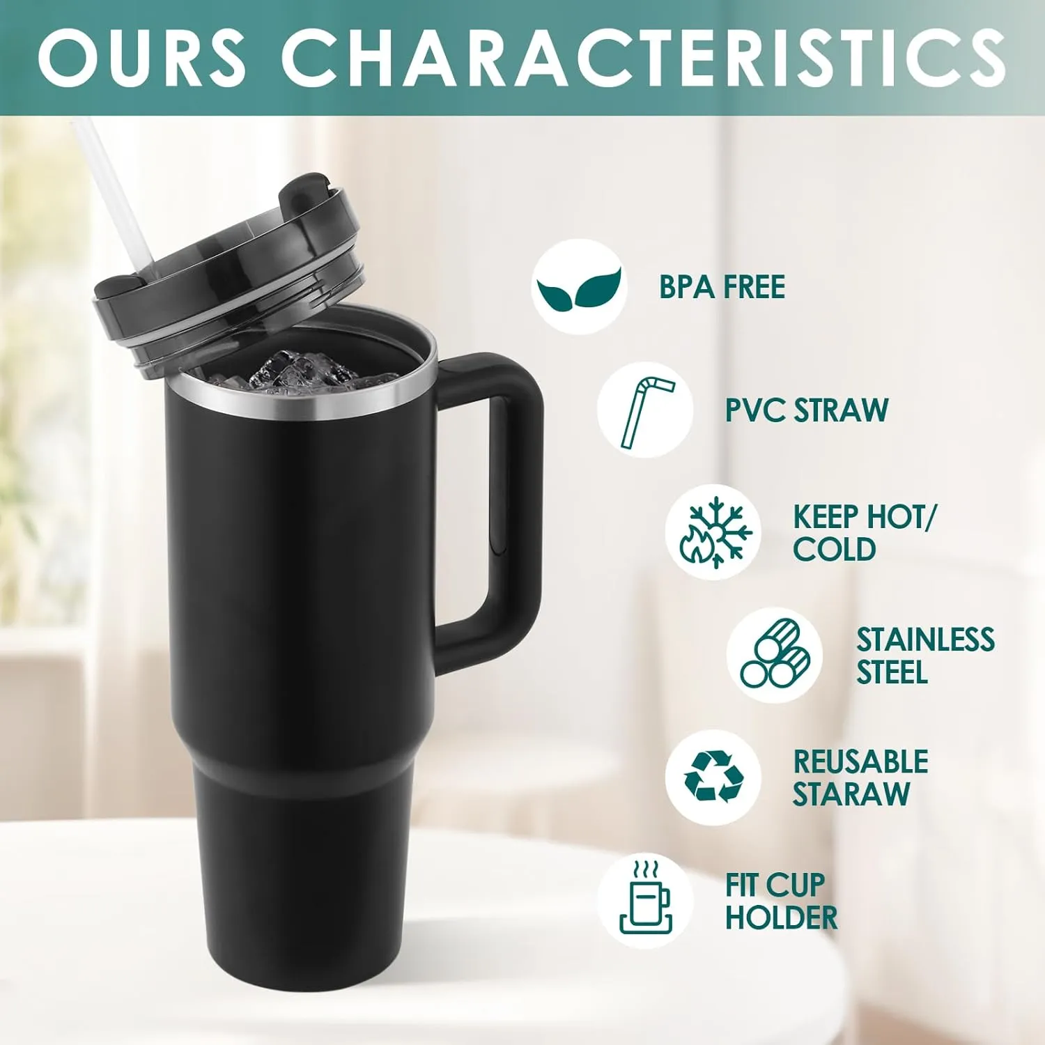 40oz Tumbler with Handle Straw Lid, Stainless Steel Vacuum Insulated Reusable Travel Mug Keep Drinks Cold Ice Gym Cup, Gifts for Women Men Lovers, Car Holder Friendly, Black