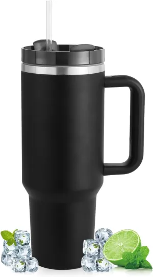 40oz Tumbler with Handle Straw Lid, Stainless Steel Vacuum Insulated Reusable Travel Mug Keep Drinks Cold Ice Gym Cup, Gifts for Women Men Lovers, Car Holder Friendly, Black