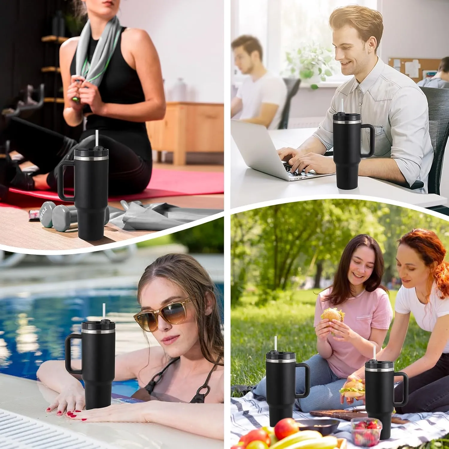 40oz Tumbler with Handle Straw Lid, Stainless Steel Vacuum Insulated Reusable Travel Mug Keep Drinks Cold Ice Gym Cup, Gifts for Women Men Lovers, Car Holder Friendly, Black