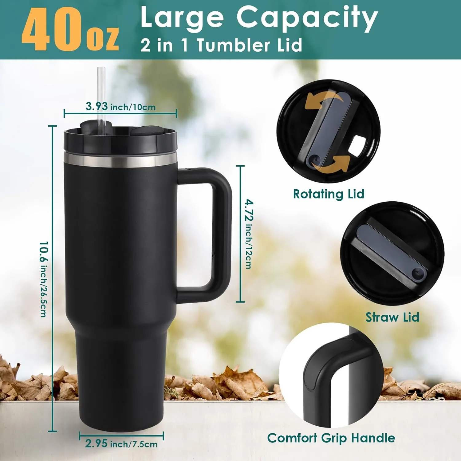 40oz Tumbler with Handle Straw Lid, Stainless Steel Vacuum Insulated Reusable Travel Mug Keep Drinks Cold Ice Gym Cup, Gifts for Women Men Lovers, Car Holder Friendly, Black