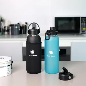 44oz Large water bottle straw lid, screw on Lid, bottle sleeve, stainless steel strainer all included. Environment friendly large hydration bottle.