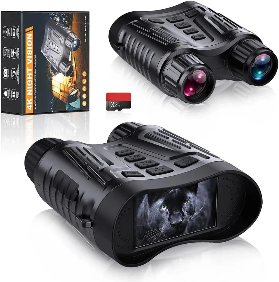 4K Night Vision Binoculars with 32G TF Card, 3.2" Large Screen, Night Vision Goggles for Adults, IP54 Waterproof, 2600mAh Rechargeable Battery Powered
