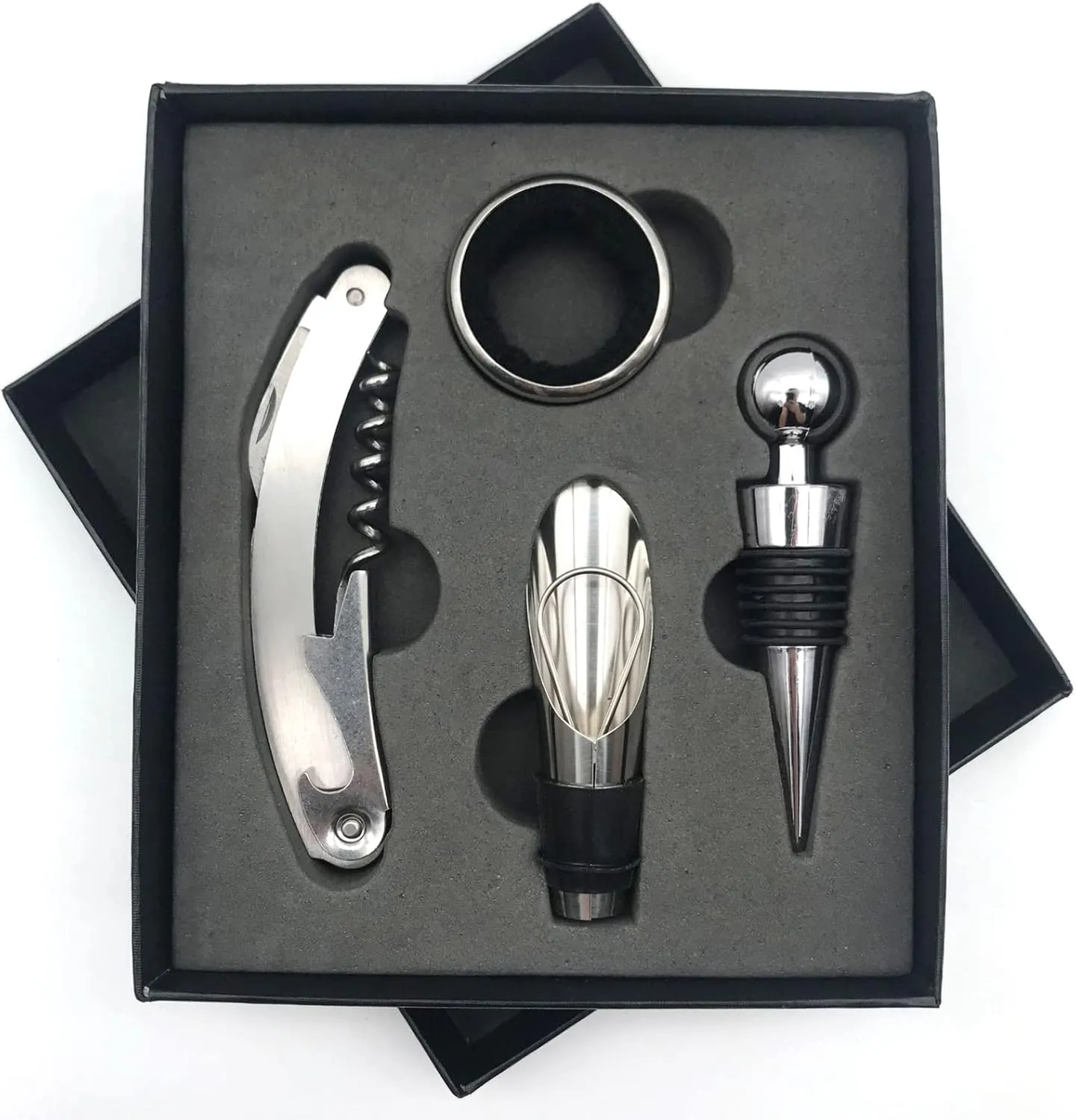 4pcs Wine Opener Set Premium Stainless Steel Corkscrew Gift Set Bottle Opener Accessories Kit for Home Bar Restaurant Gifts (black)