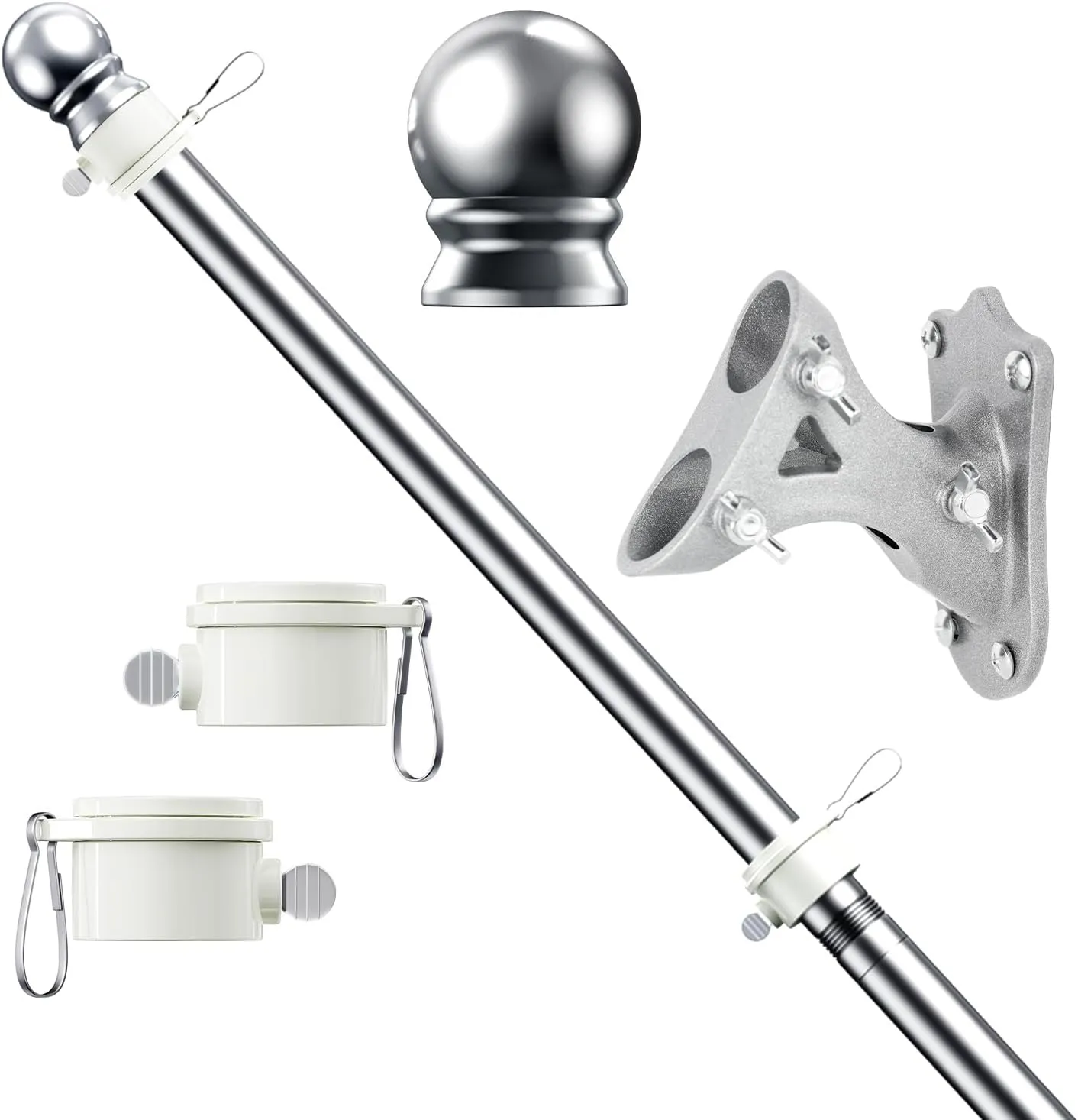 5 FT Flag Pole Kit, Tangle Free Spinning Weather Resistant Rustproof Stainless Steel Flagpole with Base for 3x5 Sports Flag 1" Dia Flag Pole Holder for Outside House, Wall (Silver)