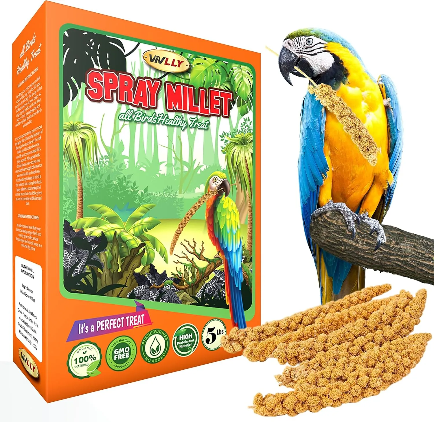 5 lbs of GMO-Free Sun-Dried Spray Millet - Natural Bird Treat for Parakeets, Cockatiels, Finches, and More - Non-GMO, Rich in Amino Acids, Convenient Storage, Delicious & Healthy Bird Snacks (5 lbs)